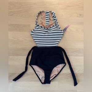 MOLYBELL Striped Cut Out Racerback One Piece Swimsuit Blue Tie Back Size Small